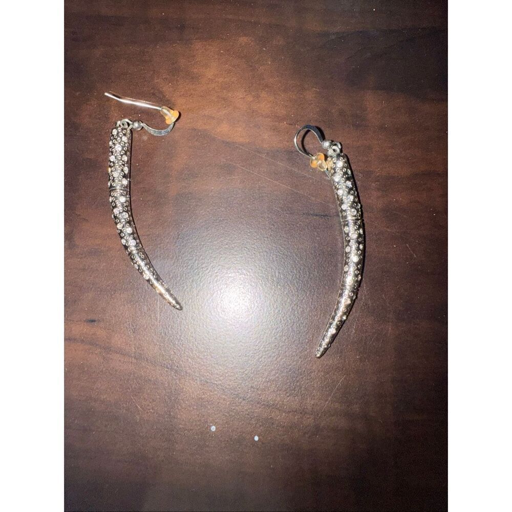 Silver horn long dangle earrings w/faux diamonds